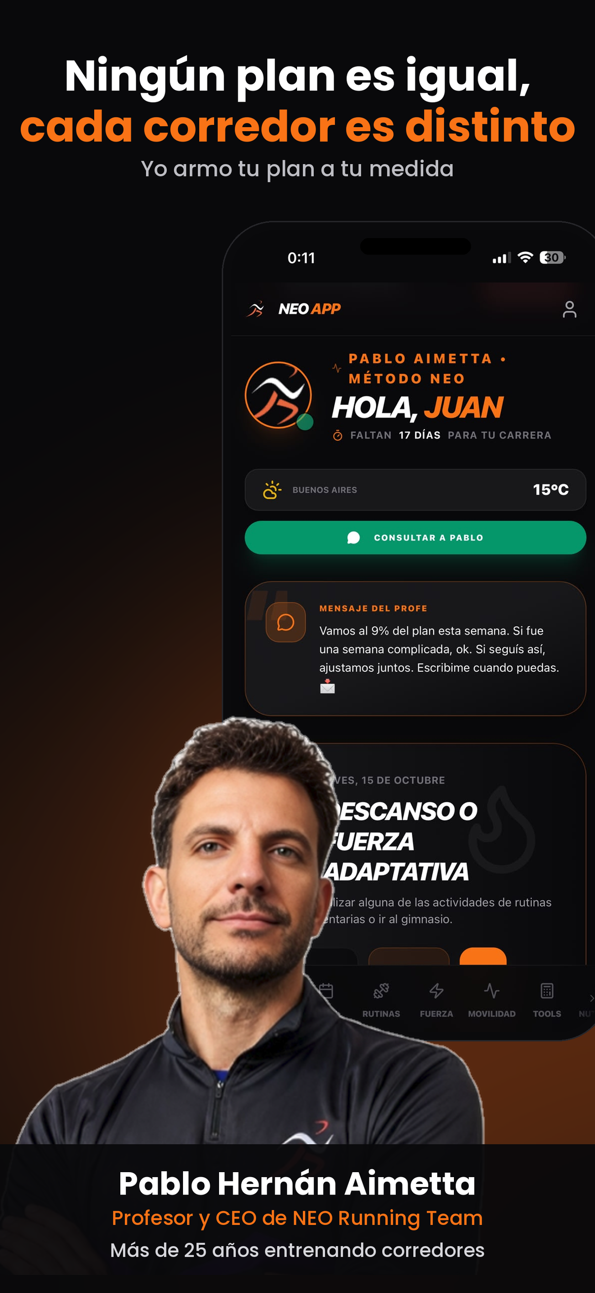 Pantalla de inicio de Neo Coach con el plan semanal de entrenamiento