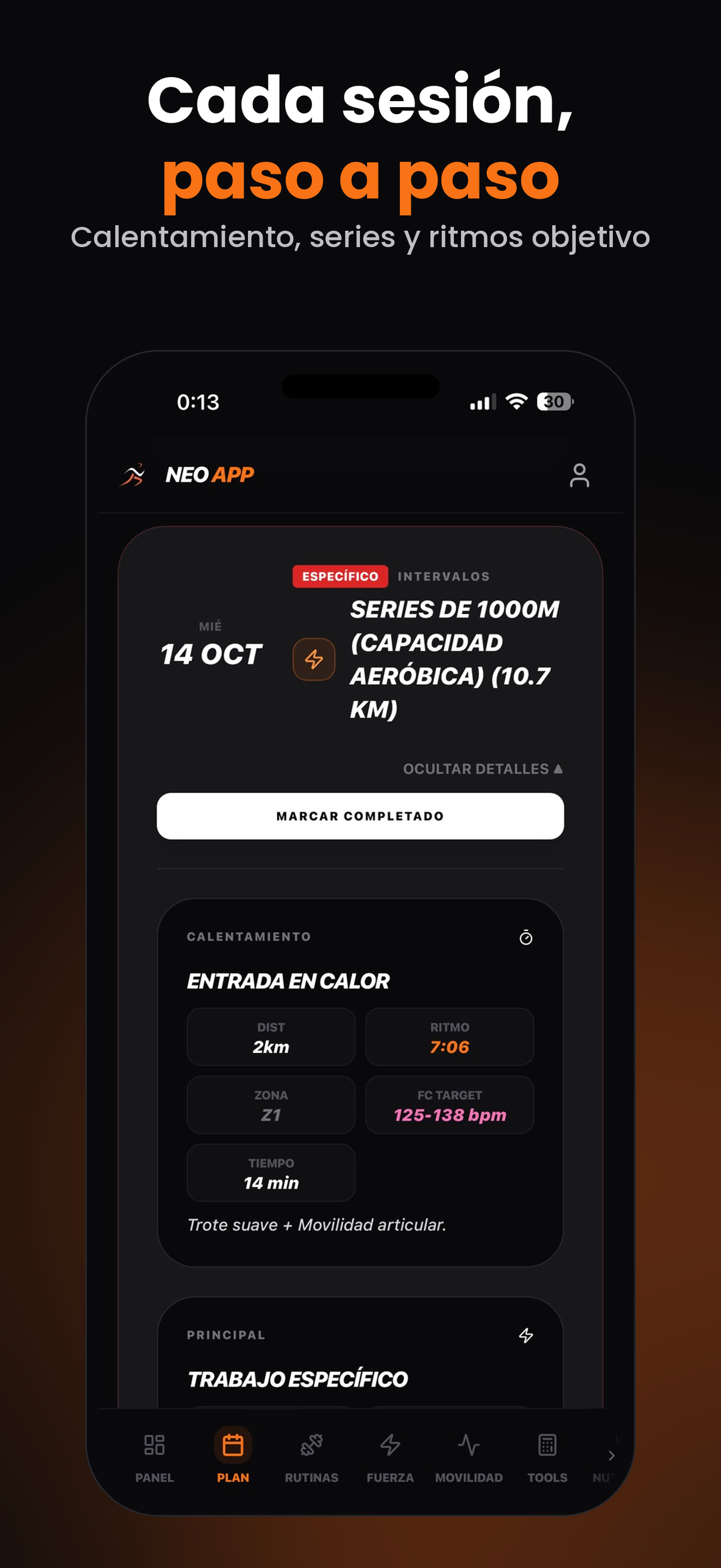 Neo Coach — pantalla de plan semanal de entrenamiento