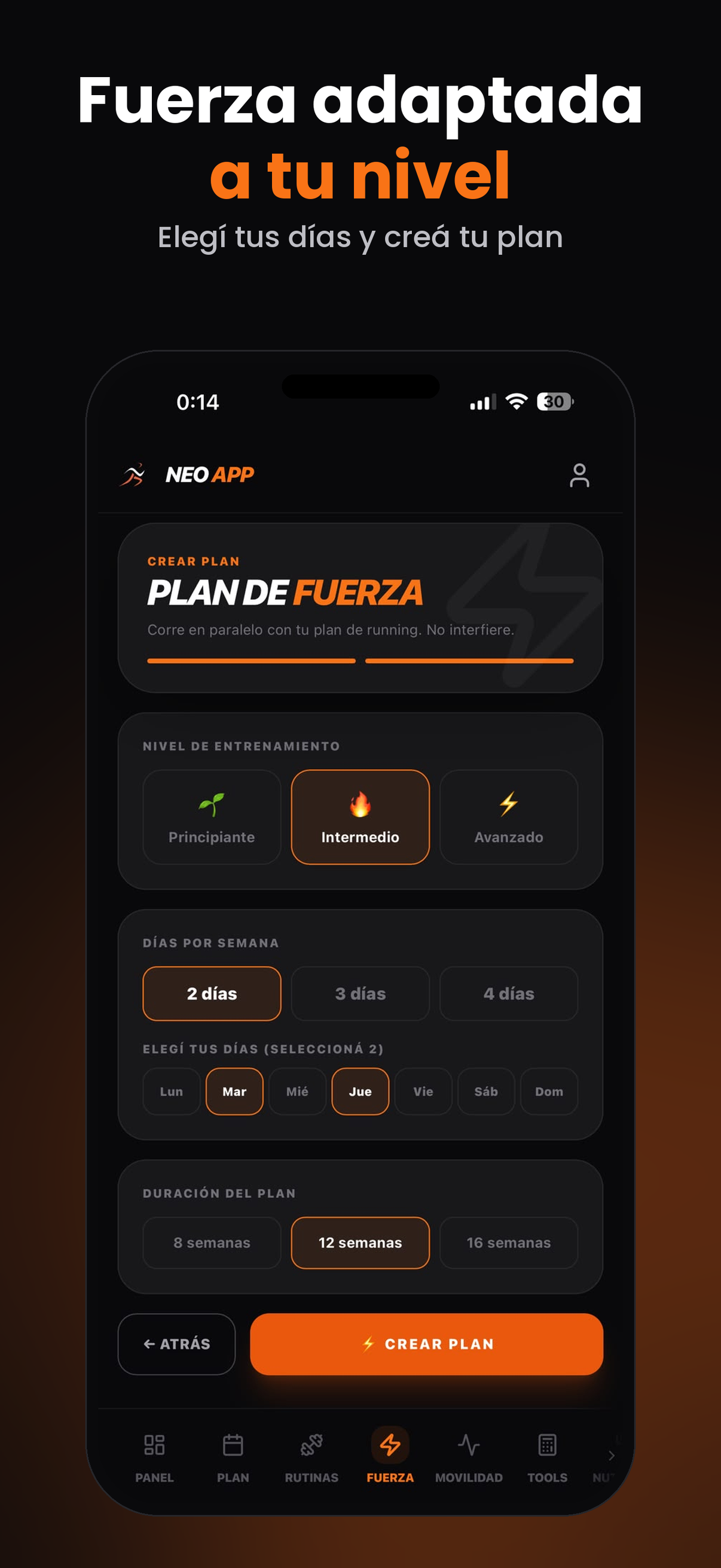 Neo Coach — pantalla de rutinas complementarias en video